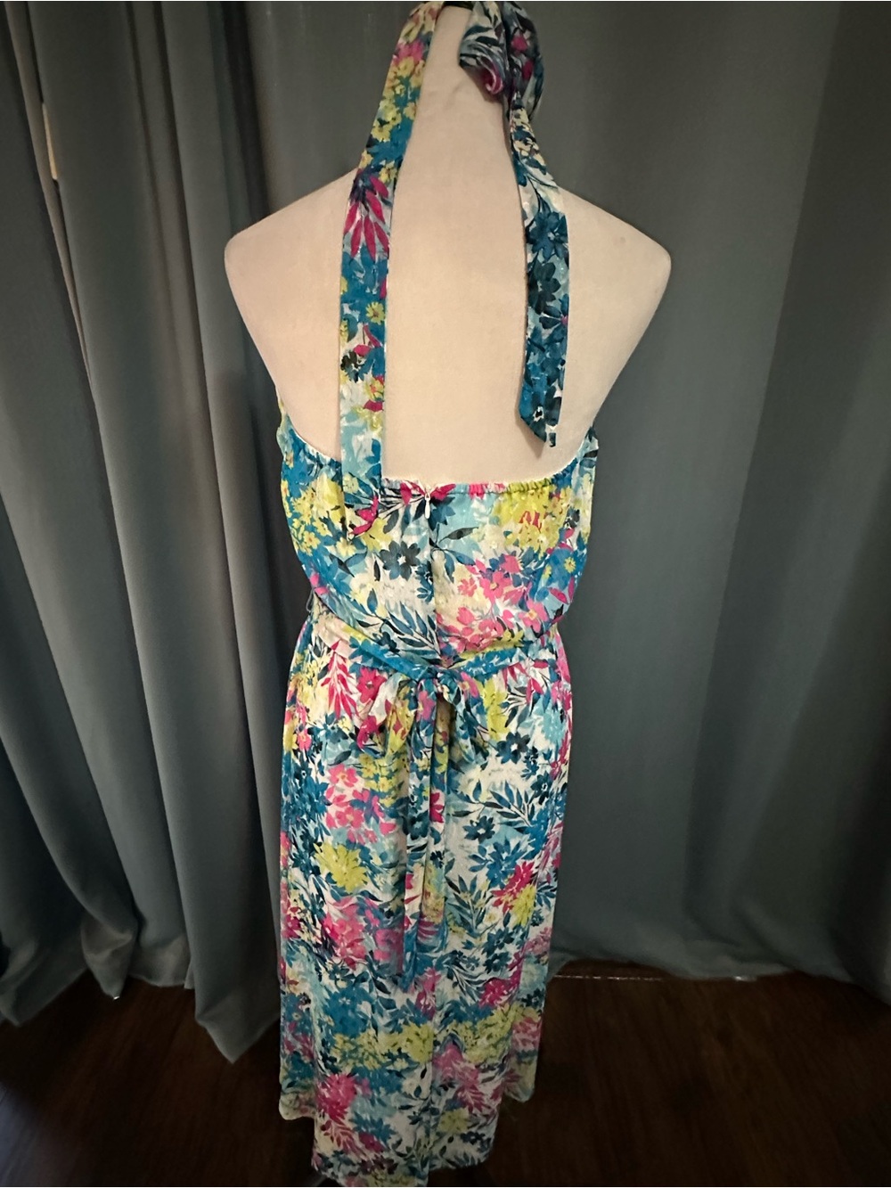 Anne Klein Floral Halter Midi Dress Blue Multi Tie Waist NWT Women's 12 - Picture 6 of 11